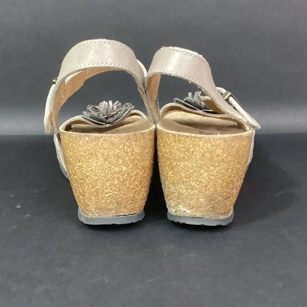 Vionic Orthaheel Strappy Slingback-Women 7-Tan-Flower-Buckle-Cork Heel-Gibraltar